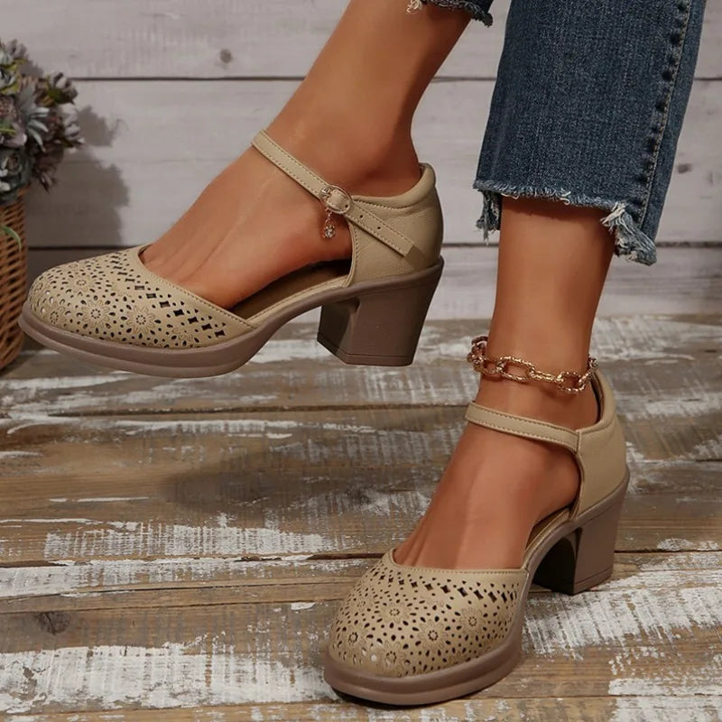 Ankle Strap Heels Sandals Women 2025 Summer Hollow Out Breathable