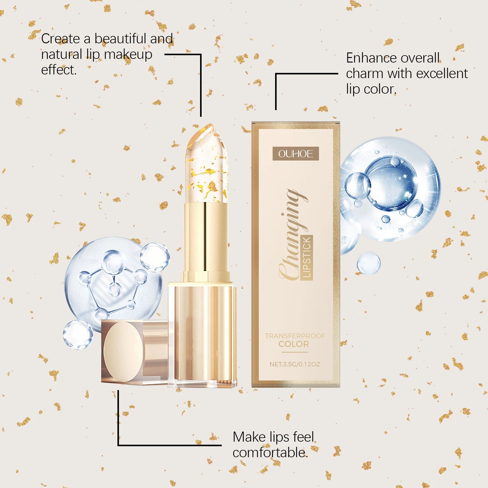 Gold Foil Color-Changing Nourishing Lipstick Nourishes and Moisturizes, Gives Lips a Glossy, Glass-Like Softness, Non-Greasy Lip Zpaxo