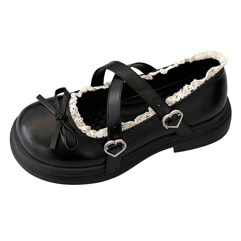 Women Lolita Shoes Girls Mary Jane Bow Knot Lace Trim PU Leather