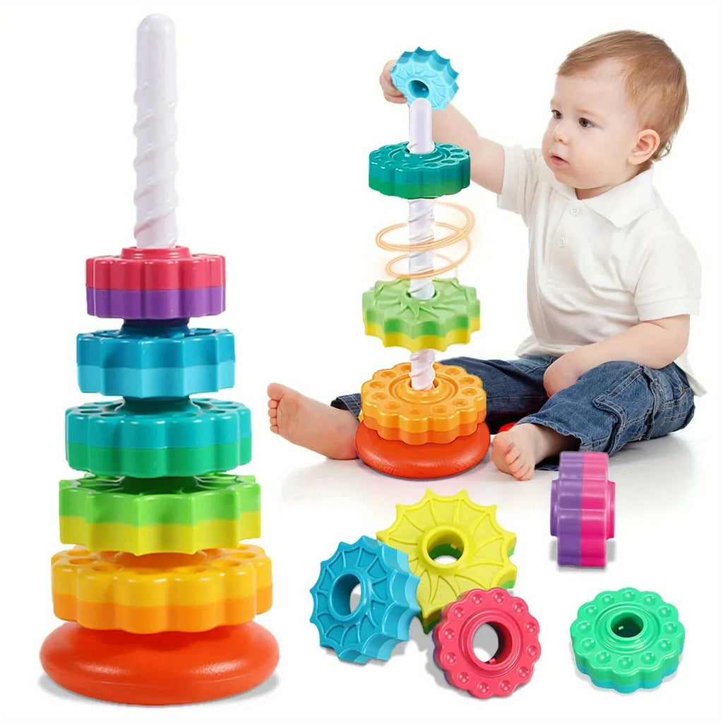 Rotating Rainbow Tower Stack Unstack Puzzle Toy 6 Colorful Levels
