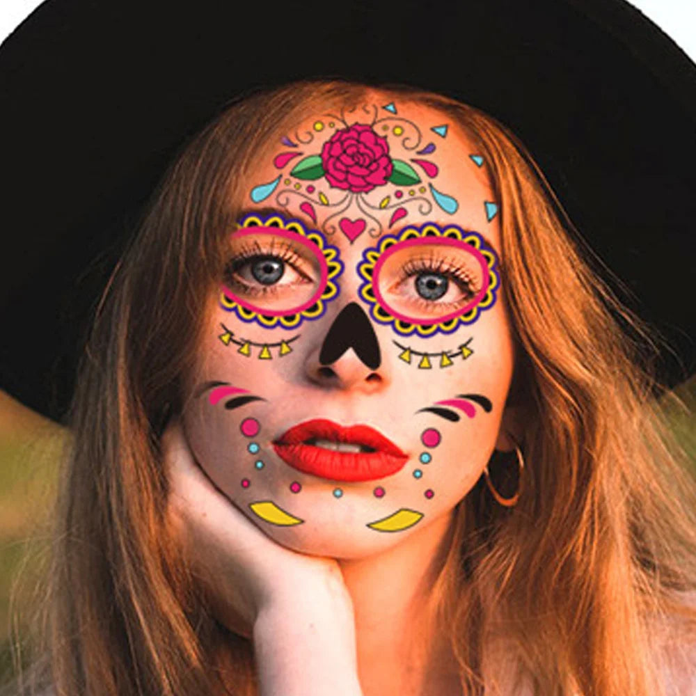 Day Dead Face Tattoos Sugar Skull Red Roses Halloween Stickers Makeup