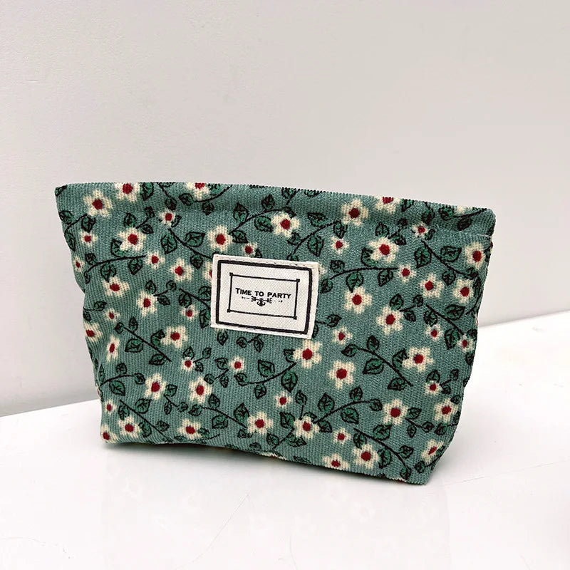 Women Flower Printed Corduroy Small Zipper Makeup Bag, Cosmetics Travel Storage Box, Portable Carry on Toiletry Bag, Makeup Bag Zpaxo A