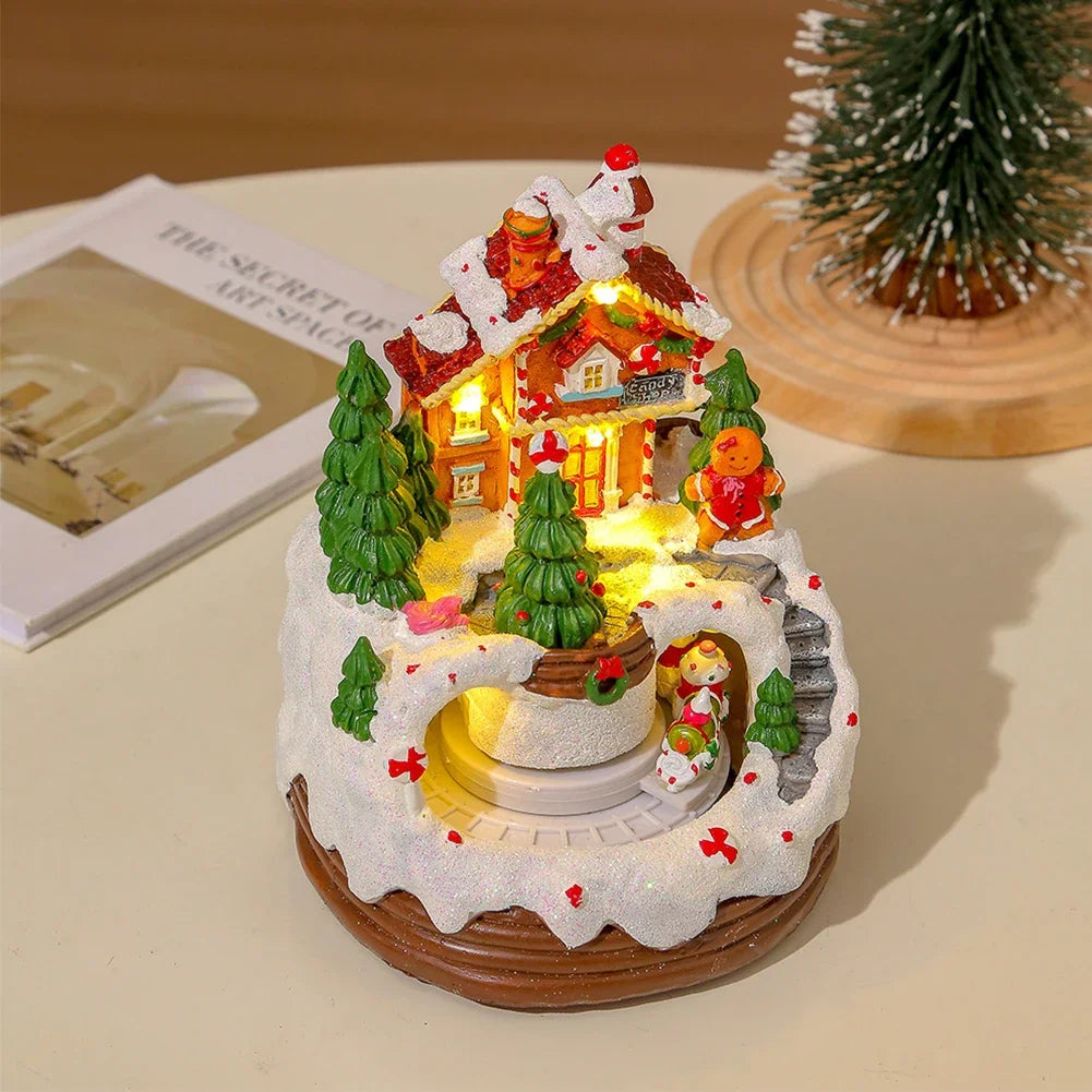 Christmas Music Box Snow House Ornaments with LED Light Resin Rotating Music Figurines Home Christmas Decorations New Year Gift Zpaxo
