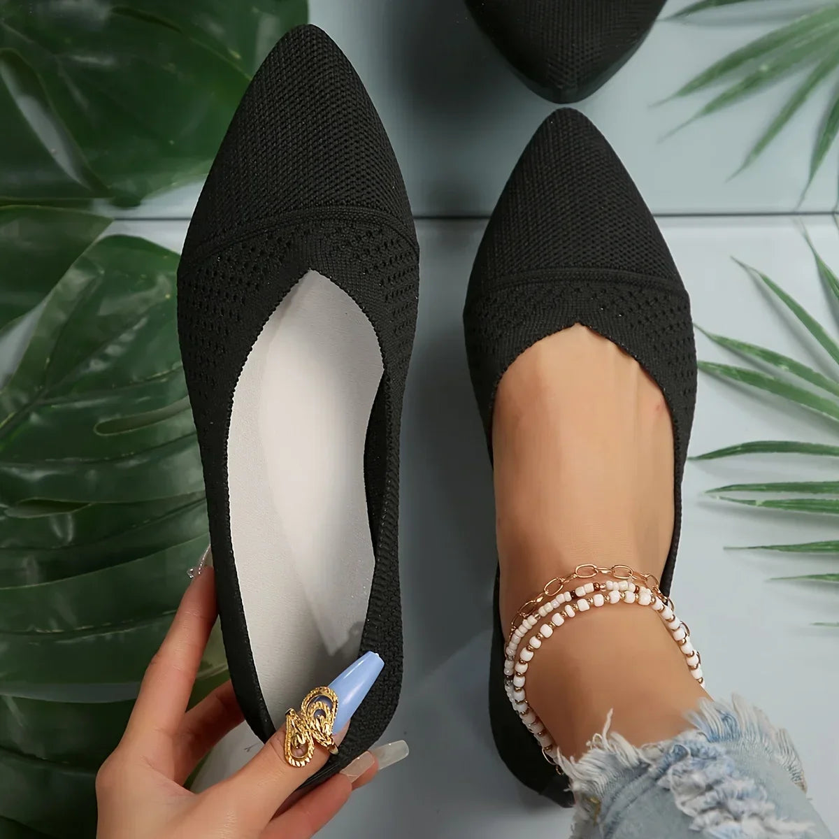 Women Flat Shoes Solid Color Knitted Slip on Loafers Women Pointed Toe Ladies Shoes Casual Breathable Ballet Women Flat Shoes Zpaxo black 43