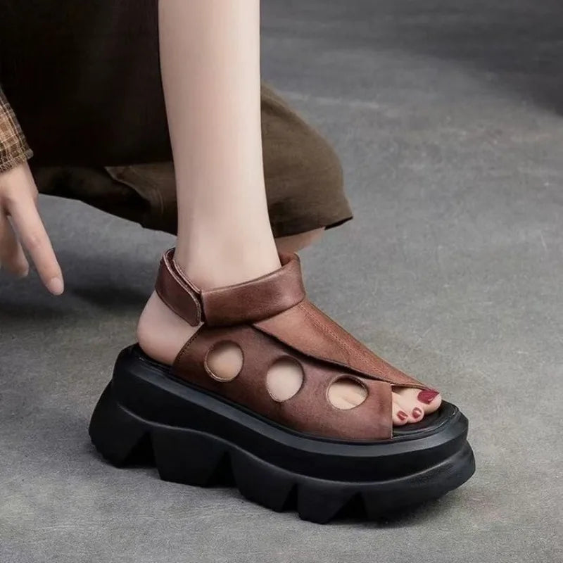 New Summer Fashion Women's Shoes Sandals Retro Genuine Leather Women's Wedge Platform Sandals Fish Toe High Heeled Sandals Zpaxo
