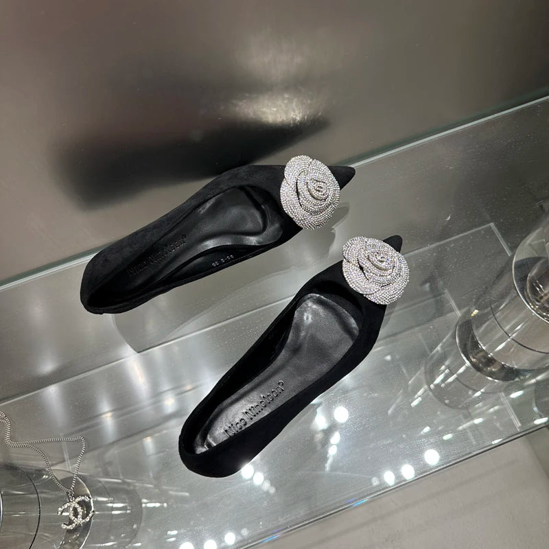 Flat Shoes for Women 2025 Spring Autumn Casual Diamond Rose Flower Shallow Mouth Black Low Heel Pointed Toe Ladies Shoes Zpaxo