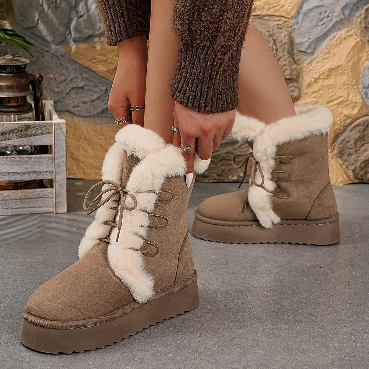 2025 New Women Boots Thick Bottom Warm Mid-Calf Boots Korean Style Furry Winter Snow Boots Women Lace-Up Cotton Shoes for Women Zpaxo