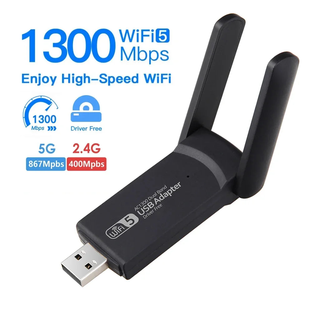 Wi-Fi Dongle USB Adapter Dual Band 2.4G/5Ghz 1300M 802.11AC Powerful Antenna Wireless For Win7/10/11 PC/Laptop Driver Free Zpaxo