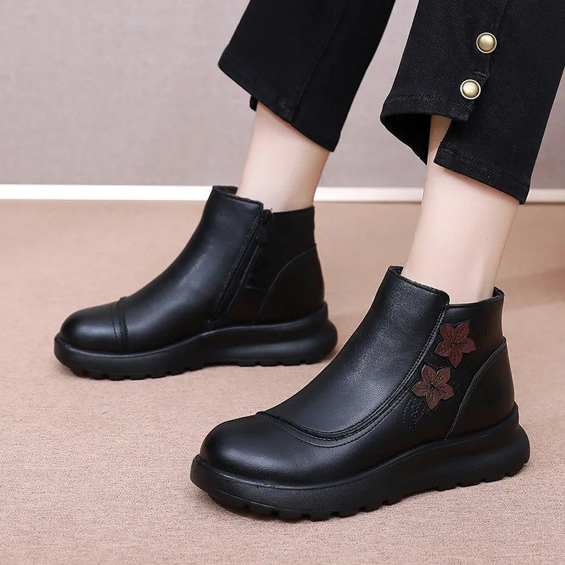 Black Leather Winter Ankle Boots Women Faux Fur Lining Floral Zpaxo