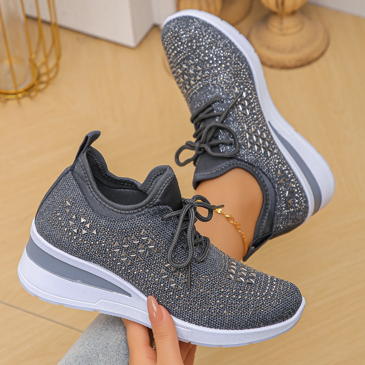 Women's Shiny Rhinestone Wedge Sneakers Breathable Knit Non Slip Zpaxo 40 image color 6