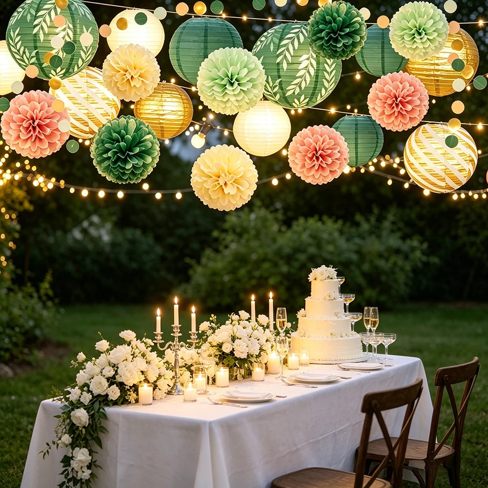 Sage Green Hanging Paper Lantern Tissue Pom Poms Party Decoration