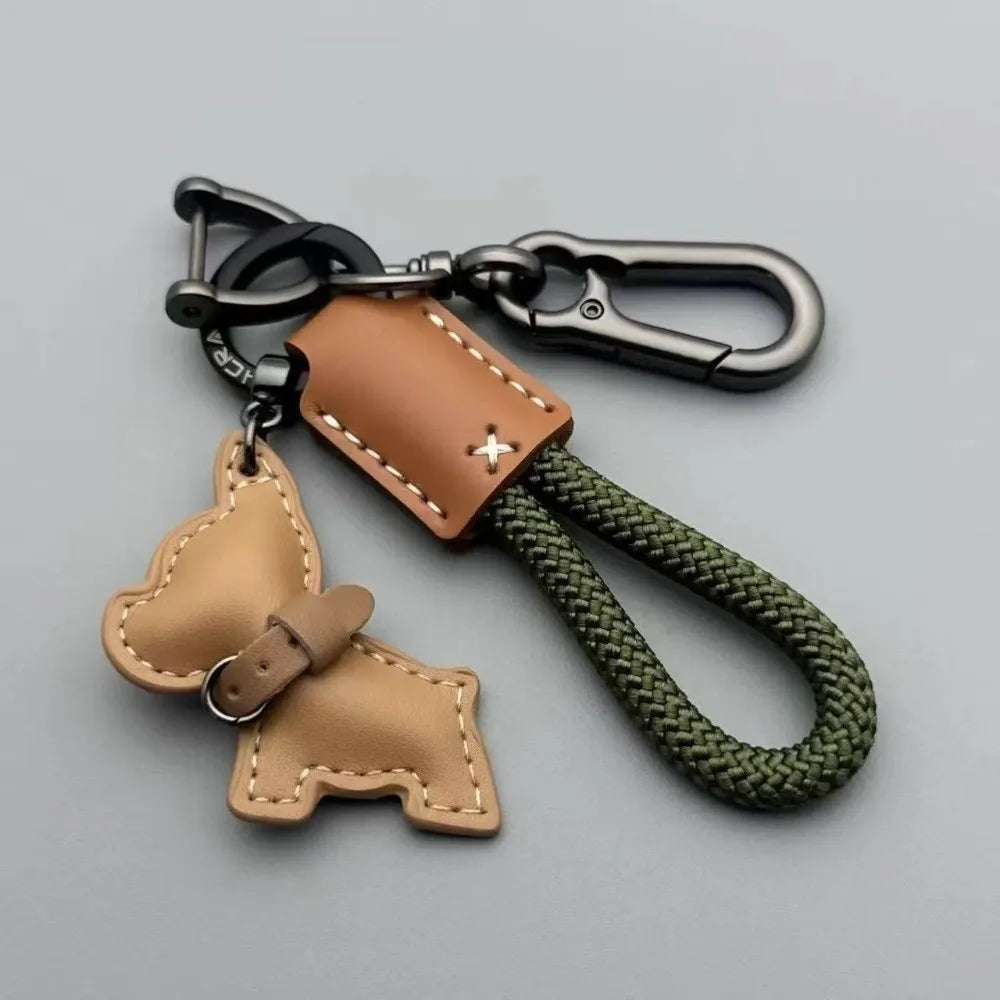 Multi-Use Bulldog Leather Keychain Braided Rope D Buckle Swivel Clasp Bag Charm Cartoon Puppy Thick Rope Key Pendant Holiday Zpaxo
