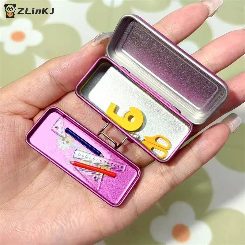 ▶Dollhouse Miniature Double Layer Iron Pencil Box Pen Ruler Measuring Tape Scissors Model Micro Landscape Decor Pretend Play Toy Zpaxo