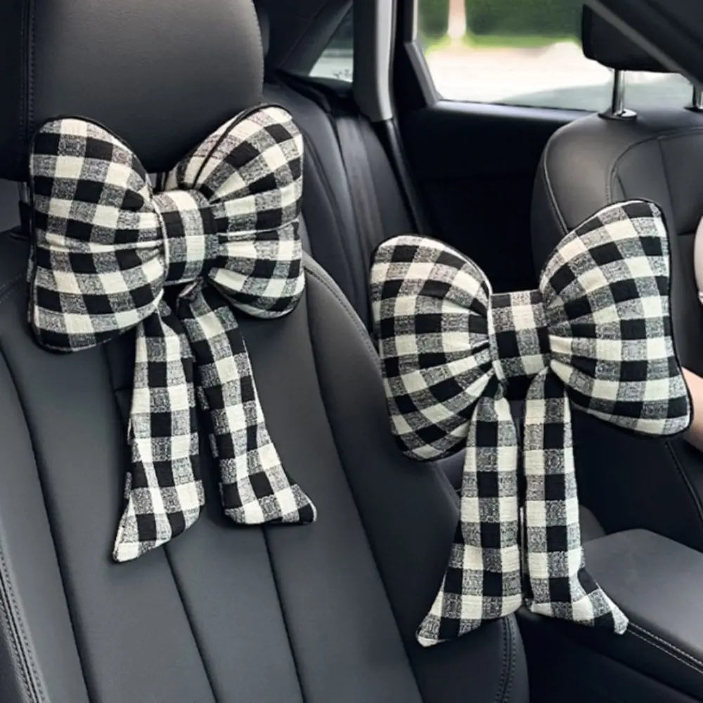 Pink Color Bowknot Pillows Plaid Interior Cute Design Car Seat Neck Rest Grid Pattern Bowknot Shape Bow Shape Pillow Adults Use Zpaxo