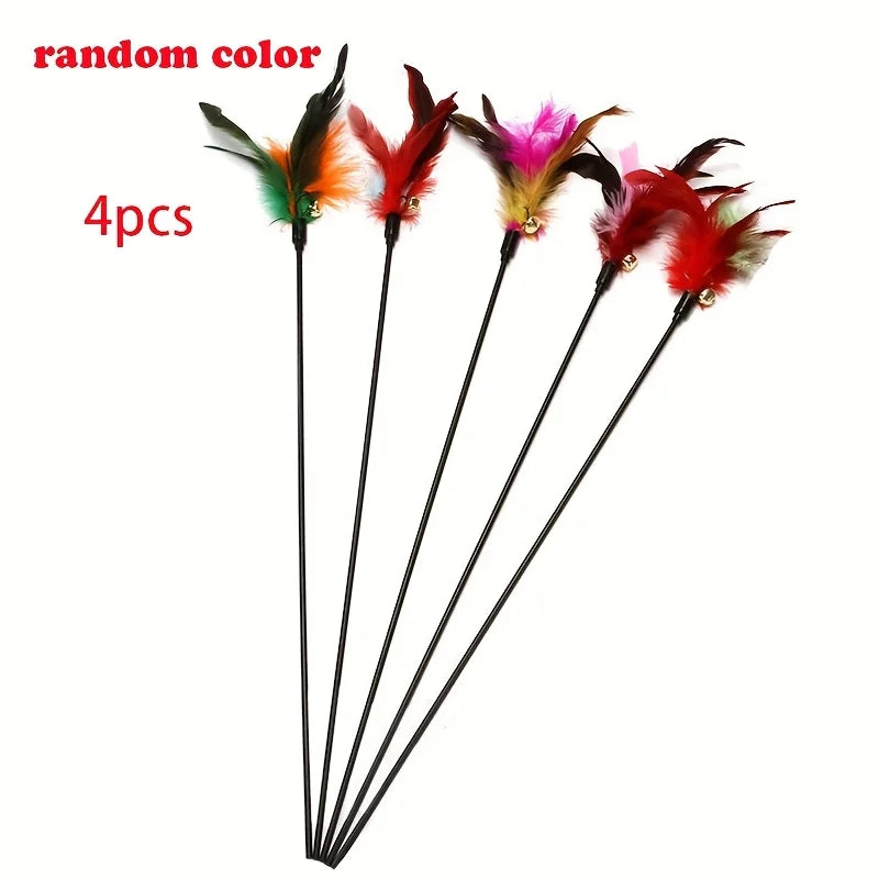 Cat Interactive Wand Colorful Feather Chicken Stick Bell Portable