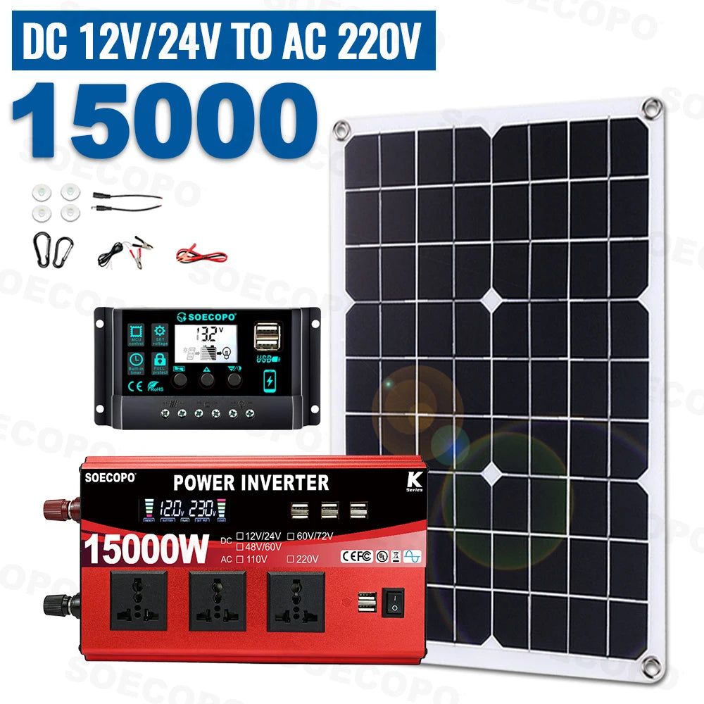 SOECOPO 15000W Complete Solar System Kit 500W Solar Panel Inverter (3 Sockets 8 USB Ports) 12V/24V 100A Controller Home Camping Zpaxo 12V 24V To 220V 50Hz