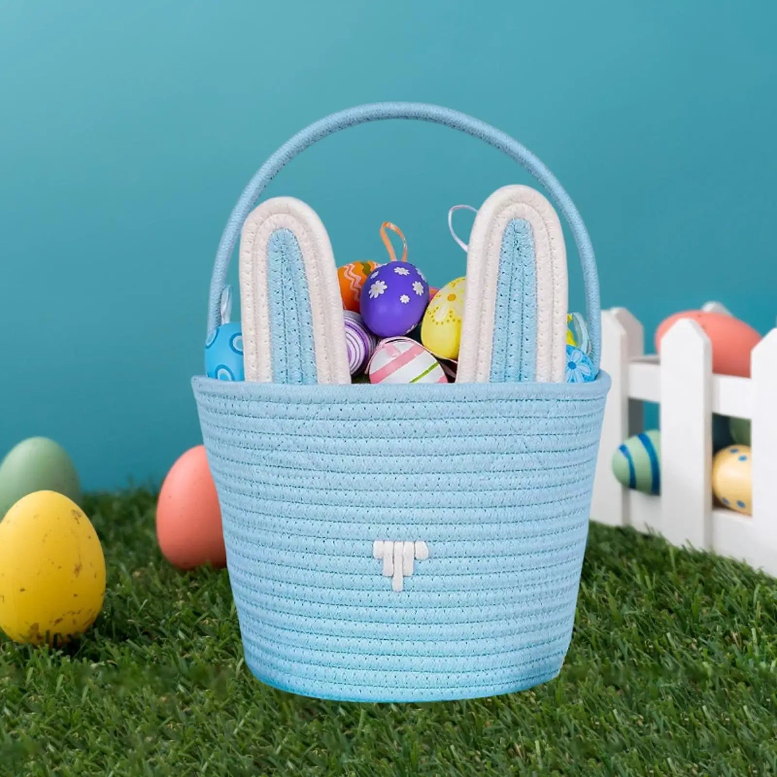 Easter Bunny Basket For Kids Boys Girls Easter Eggs Hunt Basket Reusable Cotton Rope Basket With Rabbit Ears Baby Shower Gifts Zpaxo