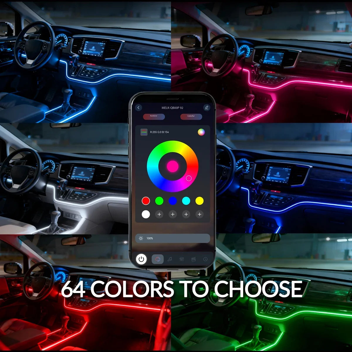 Universal RGB LED Car Ambient Lights 18-in-1 64 Colors Hidden Acrylic Zpaxo