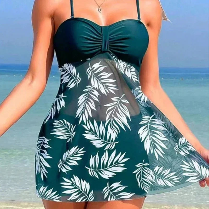 Women's High Waist Bandeau Bikini Set – Mesh Print Beach Dress