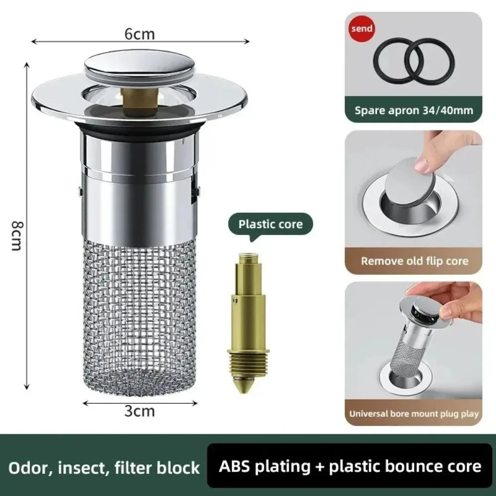 Universal Rebound Drain Plug Filter Basin Pop-up Chrome Sink Filter with Hair Catcher Bathroom Sink Drain Stopper Easy Push Type Zpaxo