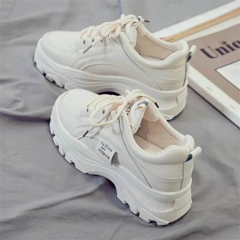 CINESSD Fashion White Women Chunky Sneakers Shoes Lace Up Platform Zpaxo