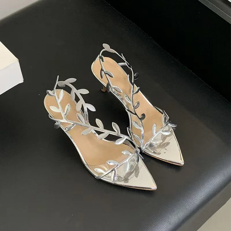 Golden Branch Jade Leaves Heel Sandals Non-slip Thin Pointed Toe Gold Zpaxo
