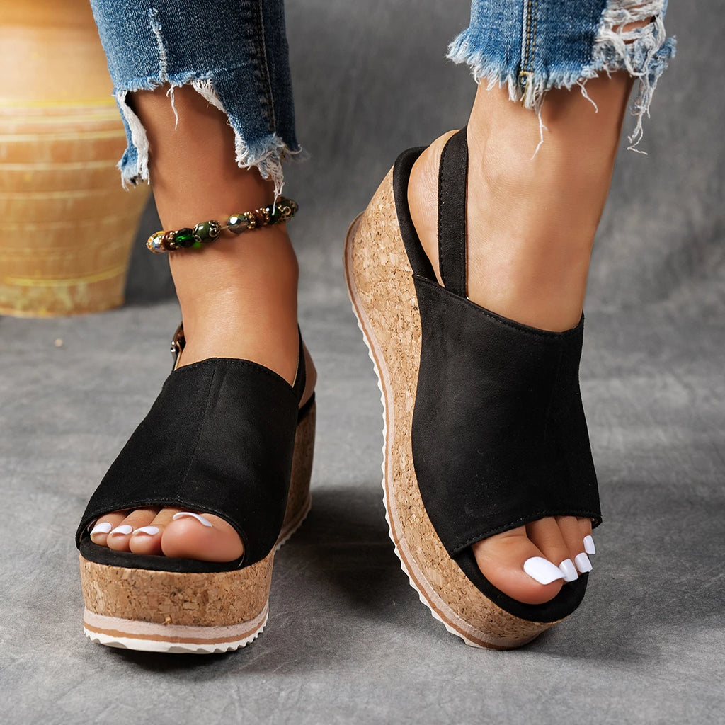 Women Buckle Decor Heel Wedge Sandal Mujer Pleated Leopard Sandals Zpaxo black 37
