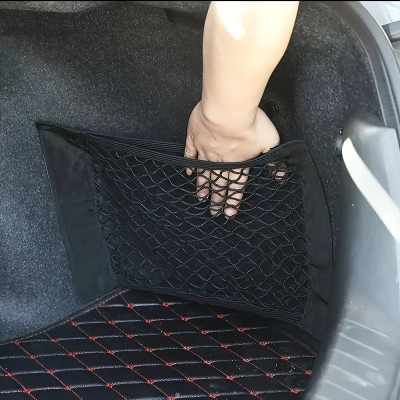1 black mesh car trunk storage box-with hook and loop strap, easy to install and disassemble, double-layer elastic mesh bag stor Zpaxo