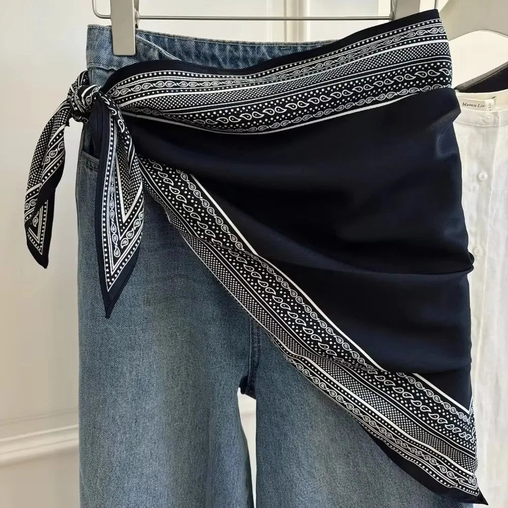 New Multi-functional Polka Dot Triangle Scarf Matching Pants Silk Satin Waist Belt Decorative Headscarf Zpaxo Style2-Black