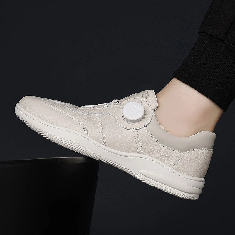Mens Beige Leather Casual Sneakers Rotary Buckle Lace System Zpaxo