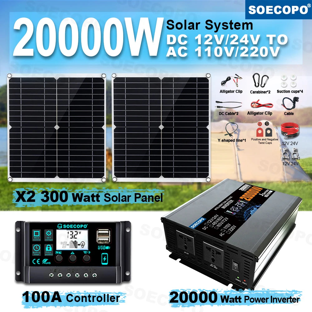 SOECOPO 20000W Off Grid Solar System Kit 2*300W Panel 12V 24V To 220V/110V Inverter Socket 100A Controller for Residence Camping Zpaxo