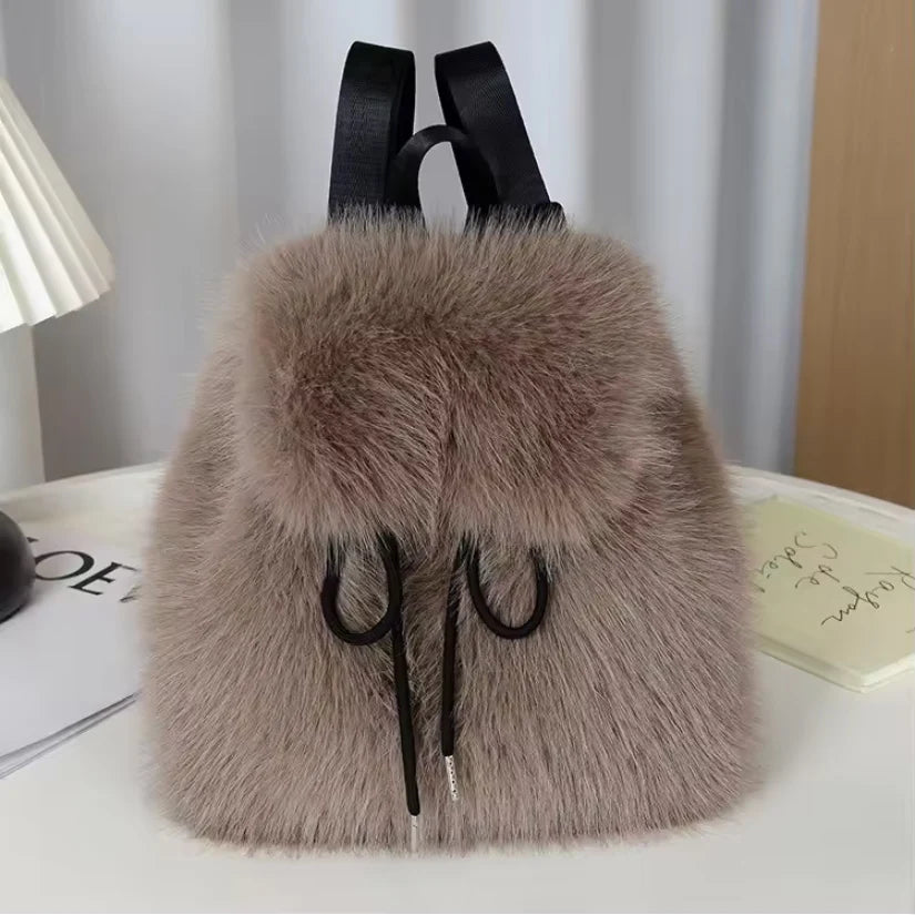 Design Faux Fox Fur Backpack Women Drawstring Flap Magnetic Closure
