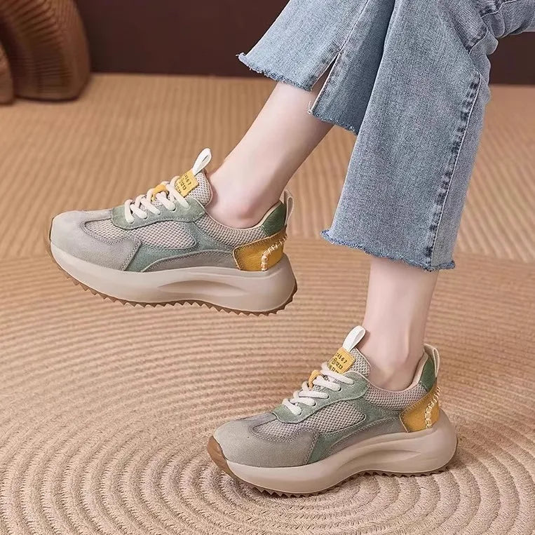 Green Beige Patchwork Chunky Sneakers Women Breathable Mesh Suede Zpaxo 3510 Green 37 China Mainland