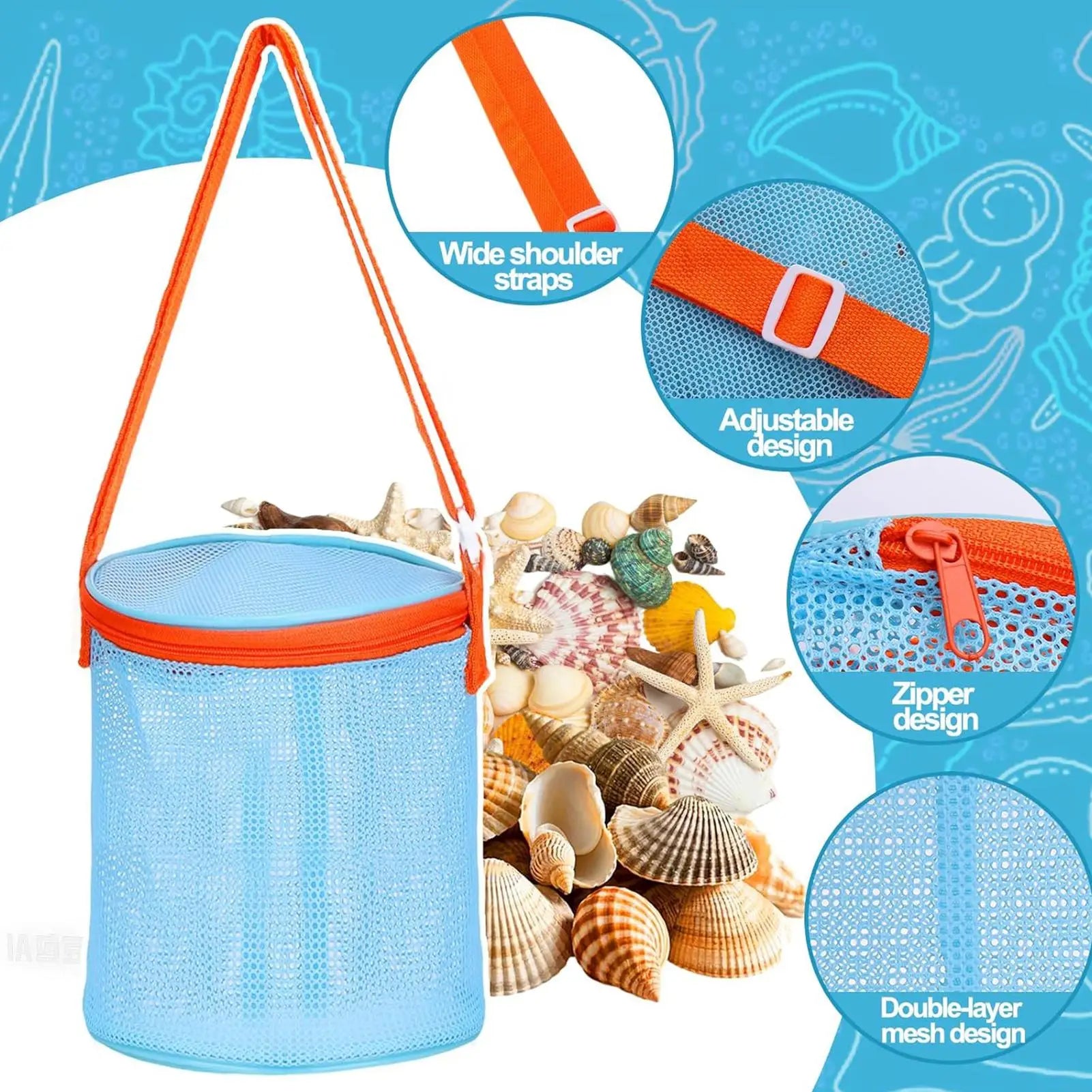 Sea Shell Bags For Beach 2 Pieces Sand Toys Holder Tote With Adjustable Strap Portable Sea Shell Bag For Travel Beach Vacation Zpaxo