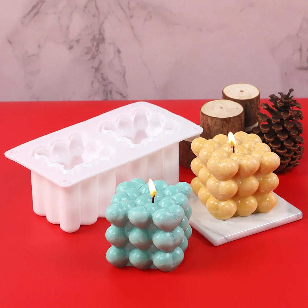 3D Heart Bubble Cube Candle Silicone Mold for Valentine's Day DIY Handmade Soap Aromatherapy Wax Chocolate Mousse Cake Making Zpaxo