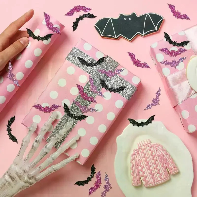 500Pcs/roll Laser Black Bat Waterproof Glitter Self-Adhesive Decals Halloween Bat Stickers For Party Scrap DIY Accessories Zpaxo
