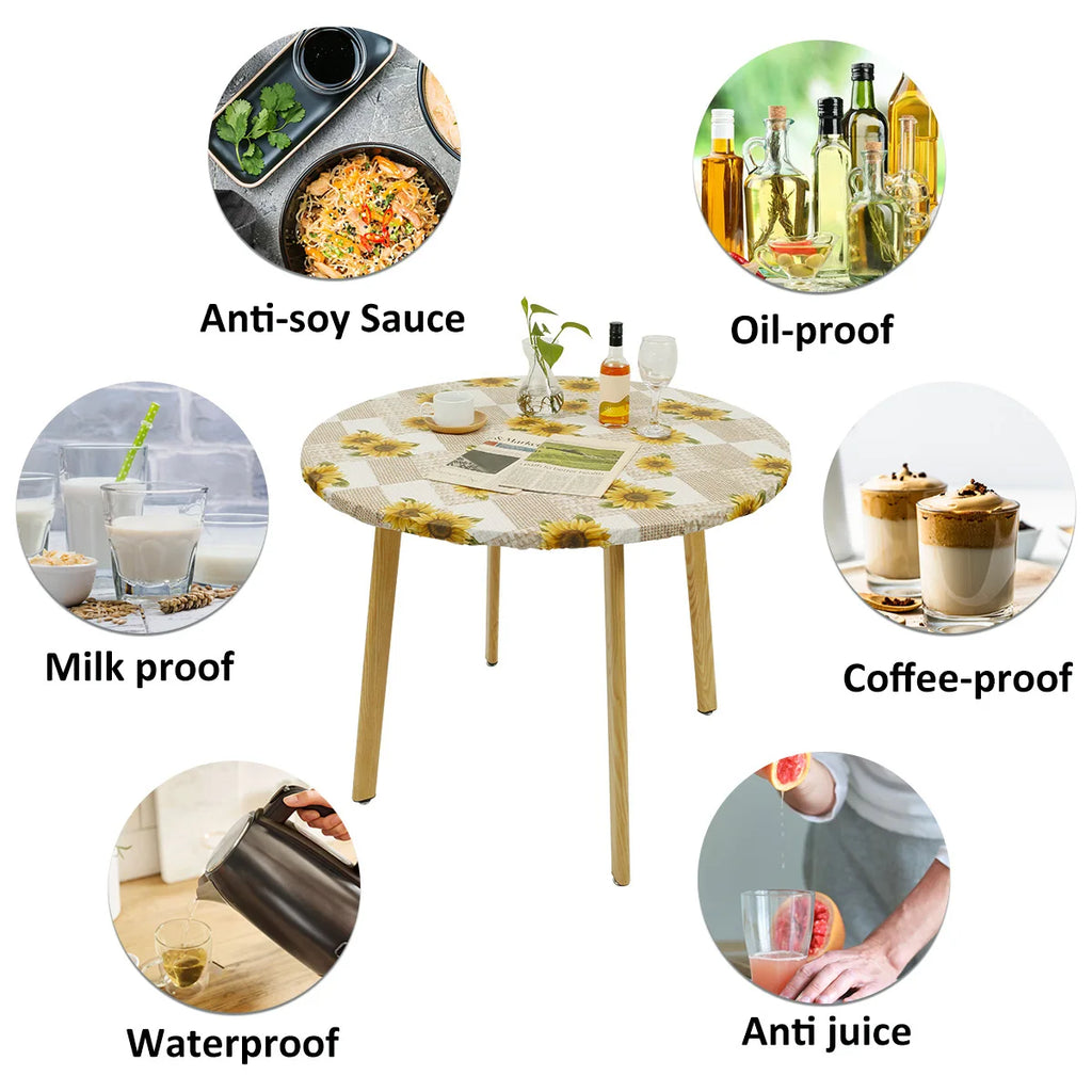 Waterproof Round Tablecloth Elastic Fixation Edged PVC Table Cover Flannel Backed Table Pad Oil-Proof for Dining Table Kitchen Zpaxo
