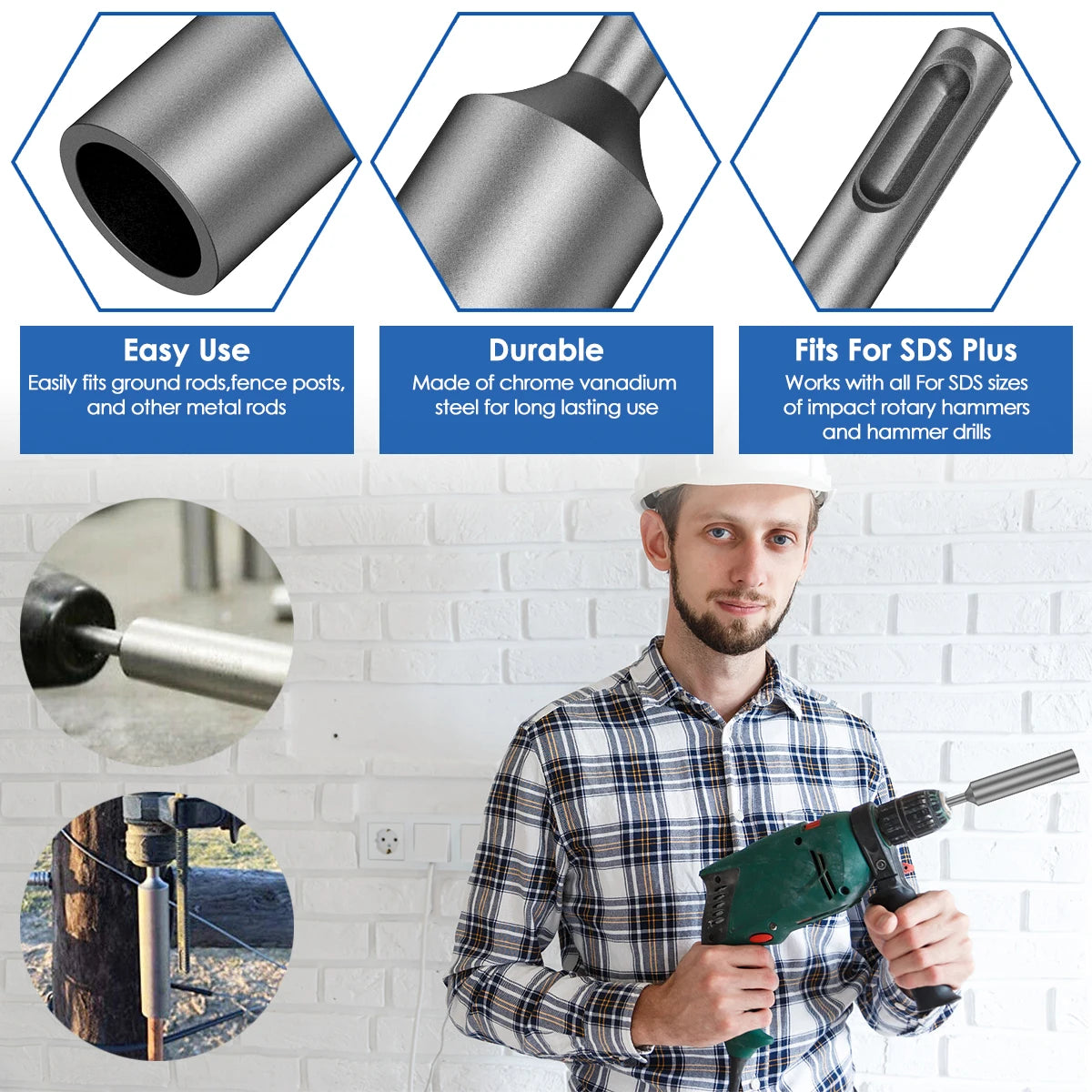 1/2PCS SDS Plus Ground Rod Driver Durable Hardened Steel Professional for Rotary Hammer Drill Power Tool for 5/8Inch and 3/4Inch Zpaxo