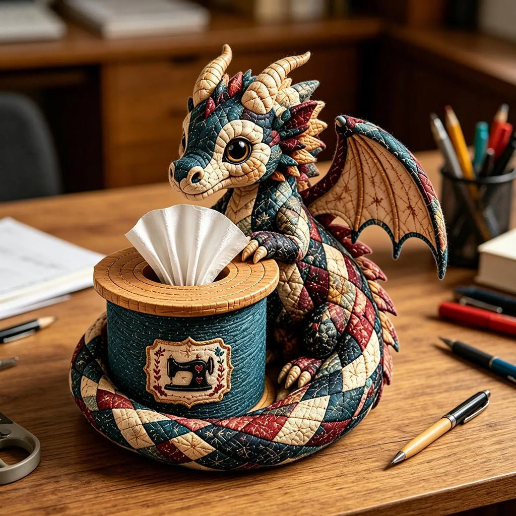 Quilted Dragon Tissue Box Handmade Beaded Fabric Napkin Organizer DIY