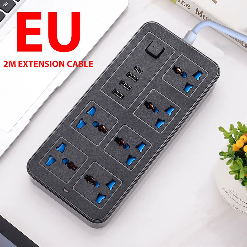 Universal Power Strip TypeC USB Port Outlet Power Strip 2M Extension Cord AC Power Socket Charge Electrical Socket EU US UK Plug Zpaxo Black EU