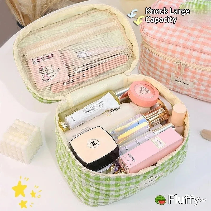 Korean Checkered Cotton Makeup Bag – Large Travel Cosmetic Pouch Travel Cosmetic Bag Zpaxo