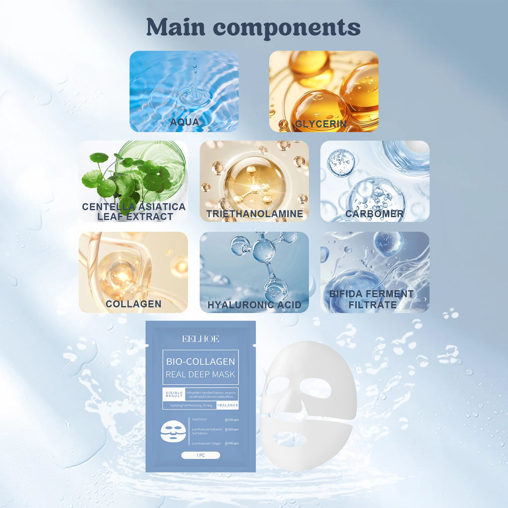EELHOE 1-30PCS Bio Collagen Real Deep Mask Soluble Collagen Sheet Mask with Hydrolyzed Collagen Moisturizing Face Mask Skin Care Zpaxo