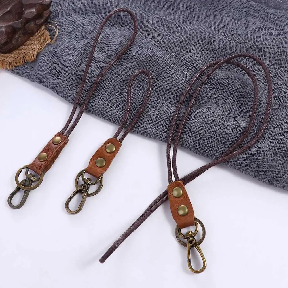 Genuine Leather Keychain Badge Holder ID Card Holder Wrist Neck Lanyard Phone Neck Strap Work Card Holder Leather Lanyard Zpaxo