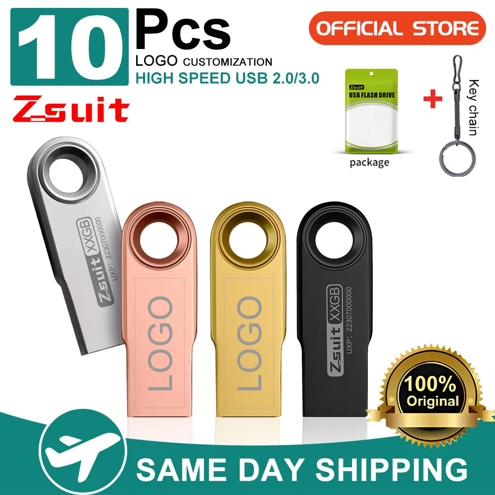 ZSUIT 10PCS/Lot Metal USB Flash Drive 64GB Pen Drive 4GB 8GB 16GB Pendrive 32GB Memory Stick 128GB USB Storage Stick Free LOGO Zpaxo