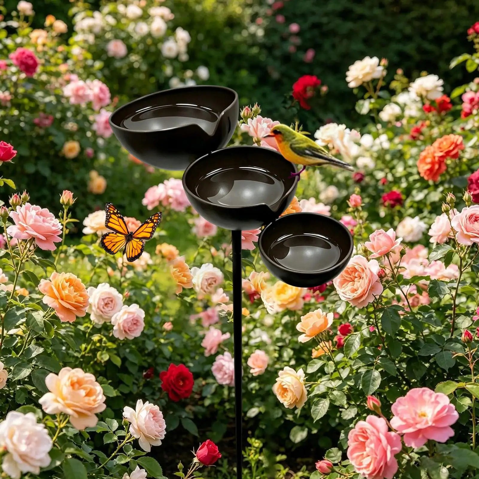 Rain Catcher Bird Bath 3-Tier Decorative Rustic Metal Rustproof Bee Watering Station Hydration Bowls for Outdoor Garden Yard Zpaxo