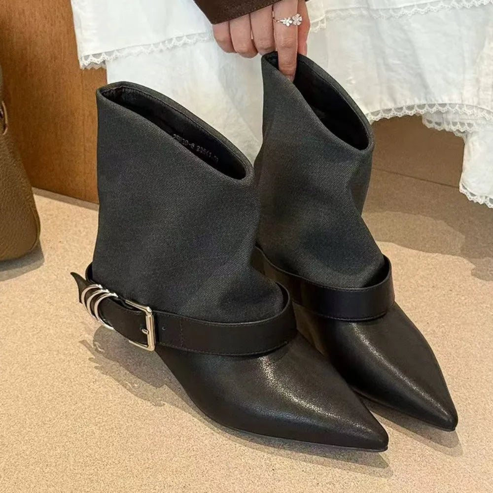 Autumn Winter Pointed Thin Heel Belt Buckle Folded Short Fashion