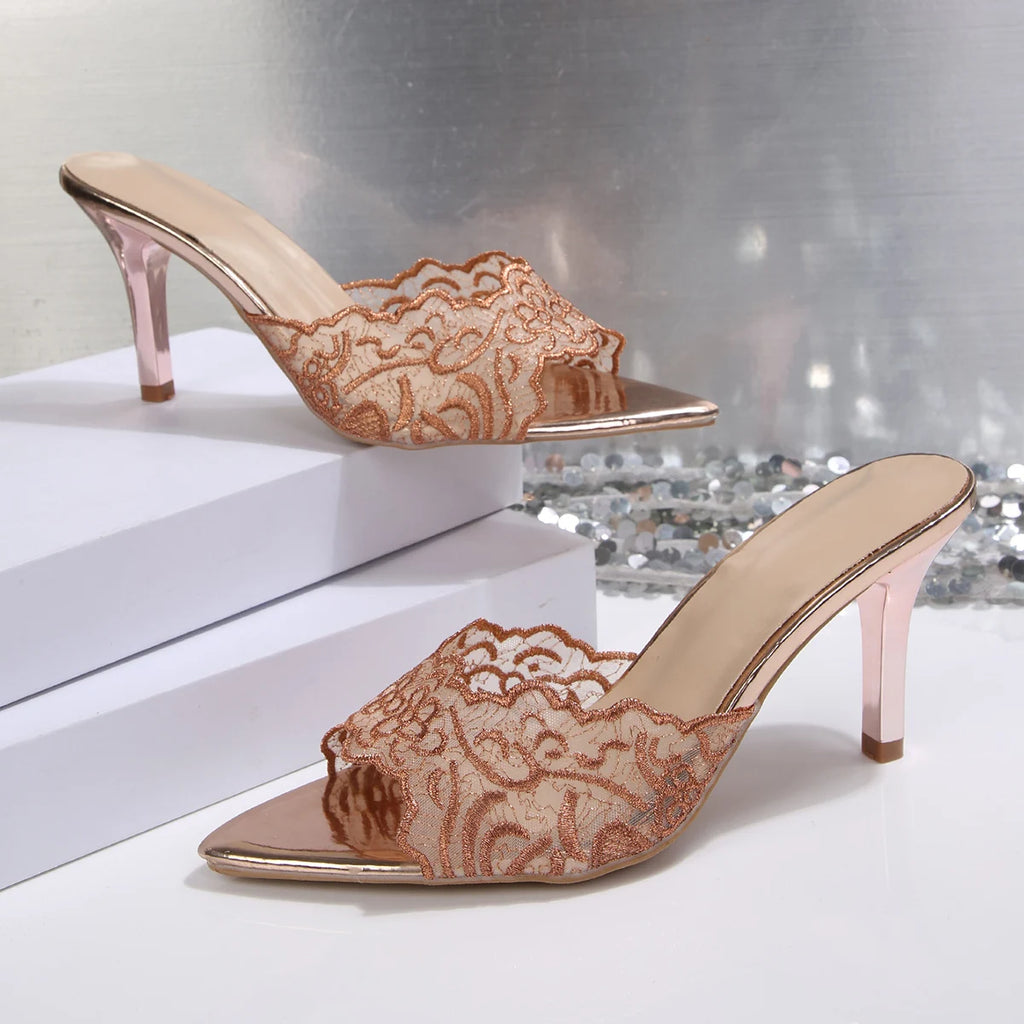 Woman Sandals Luxury Lace Lightweight Mule Slippers Woman Brand Point Toe High Heel Sandals Ladies Elegant Party Stiletto Shoes Zpaxo