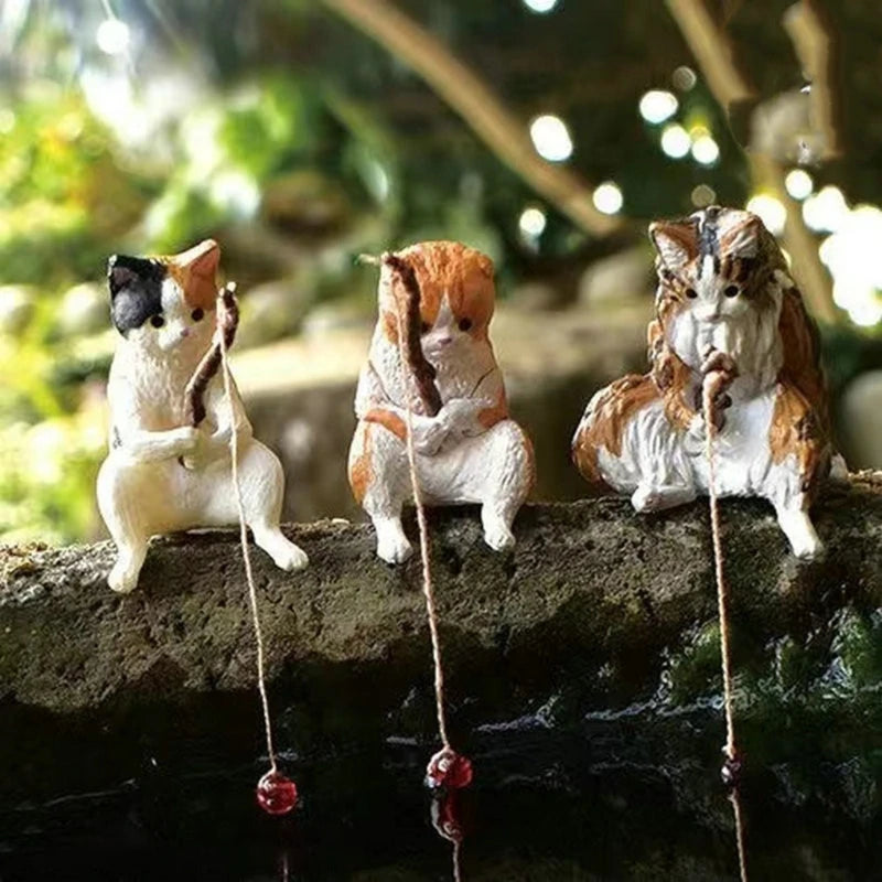 Fishing Cat Ornaments Aquarium Decoration Fish Landscaping Cartoon Cat Statue Mini Resin Figurine Home Decorations Zpaxo