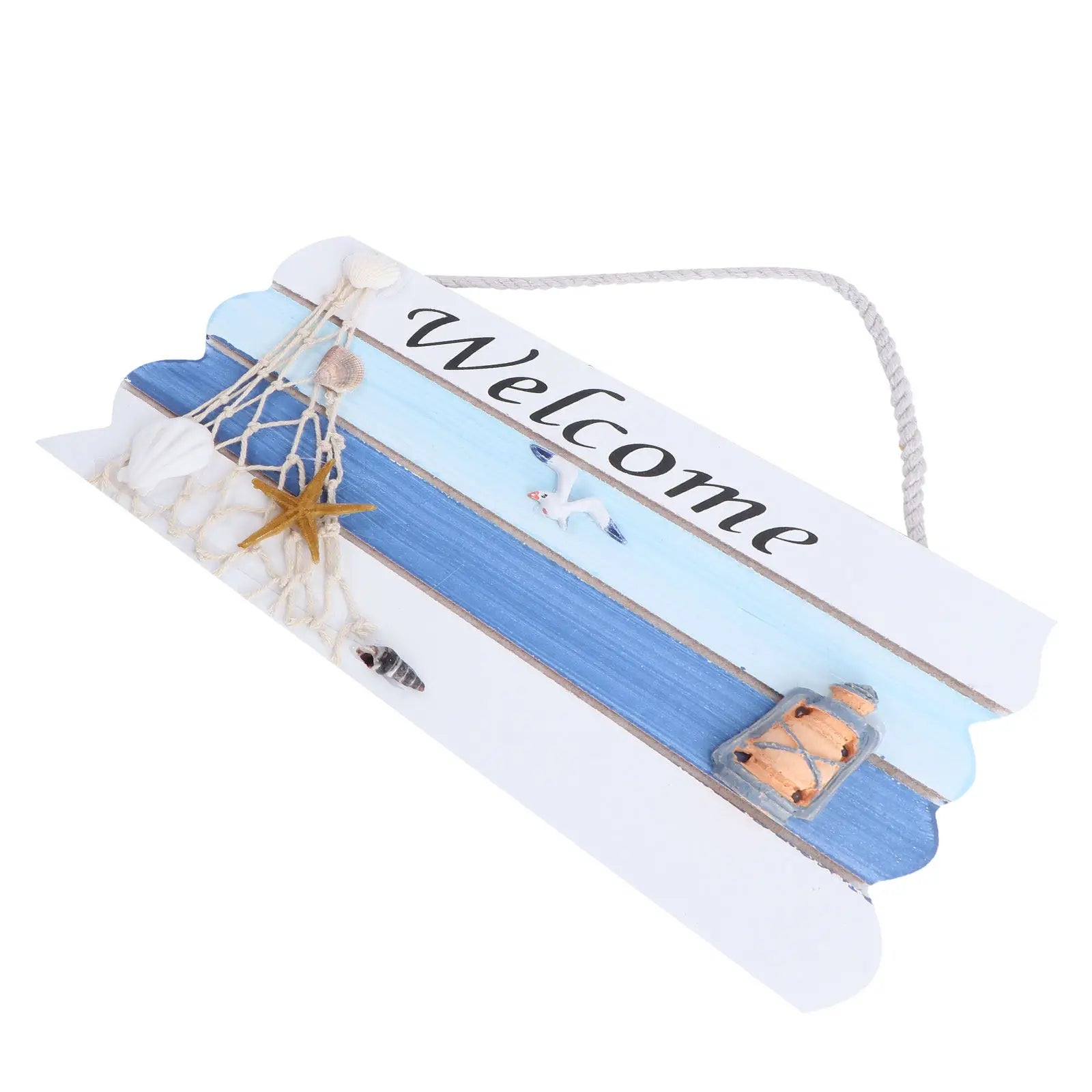 Wooden Welcome Hanging Sign Hand-painted Blue Mediterranean Door
