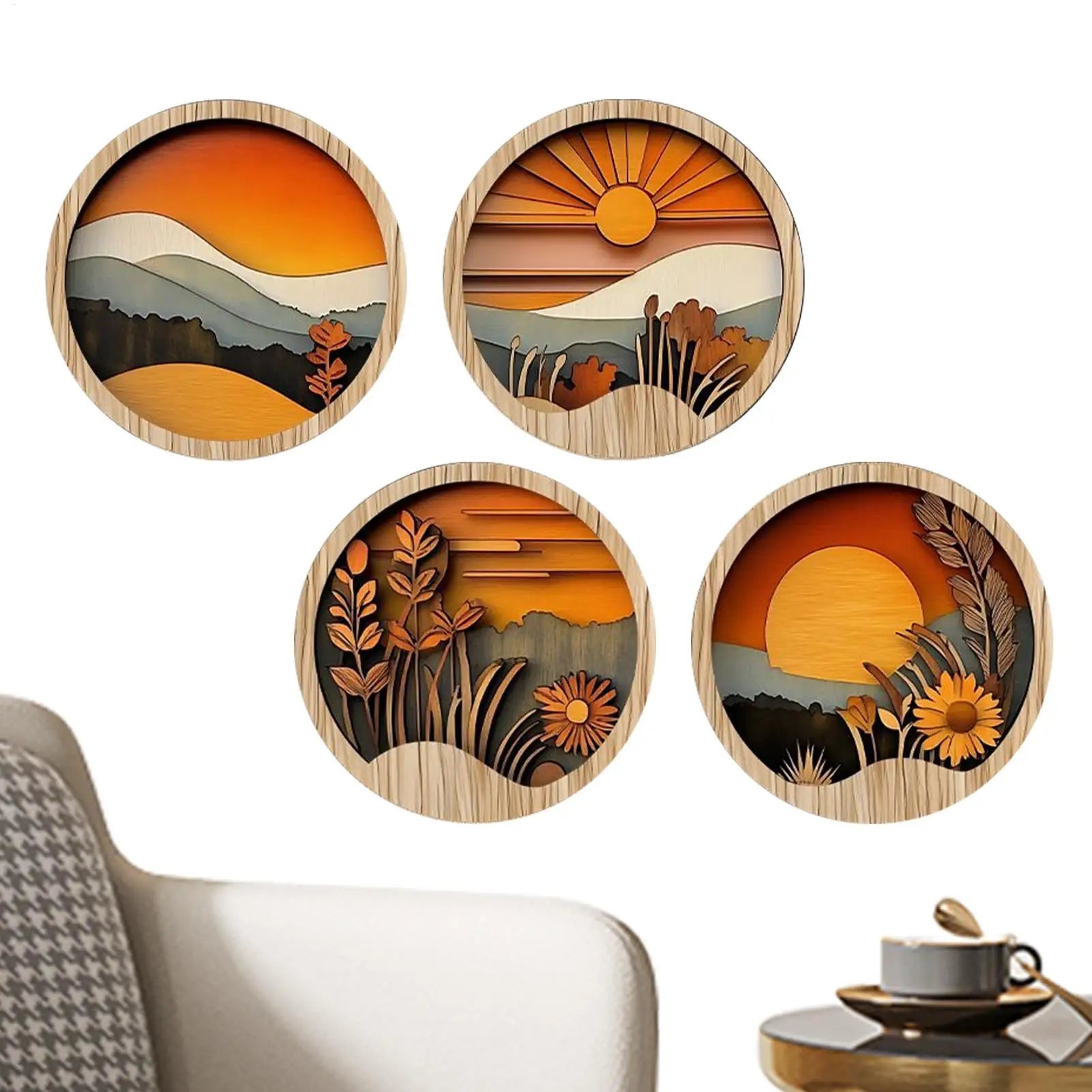 4-Piece Bohemian Wooden Wall Art Set | Boho Geometric Decor Wooden Wall Art Zpaxo